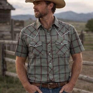 Vtg Stir-Ups Western Shirt Short Sleeve L Green Red Plaid Pearl Snaps Rockabilly